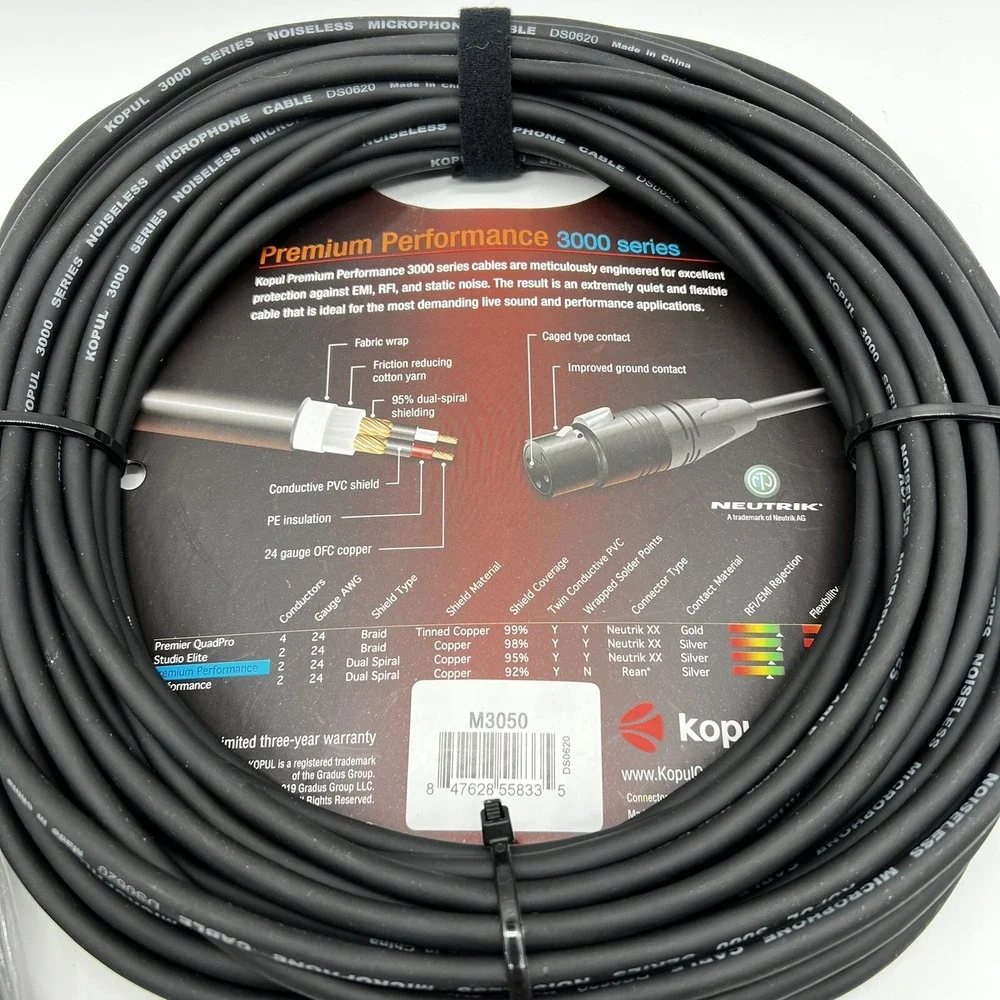 Premium Performance XLR Microphone Cable 3 pin 50 ft. Black 3000 series‎